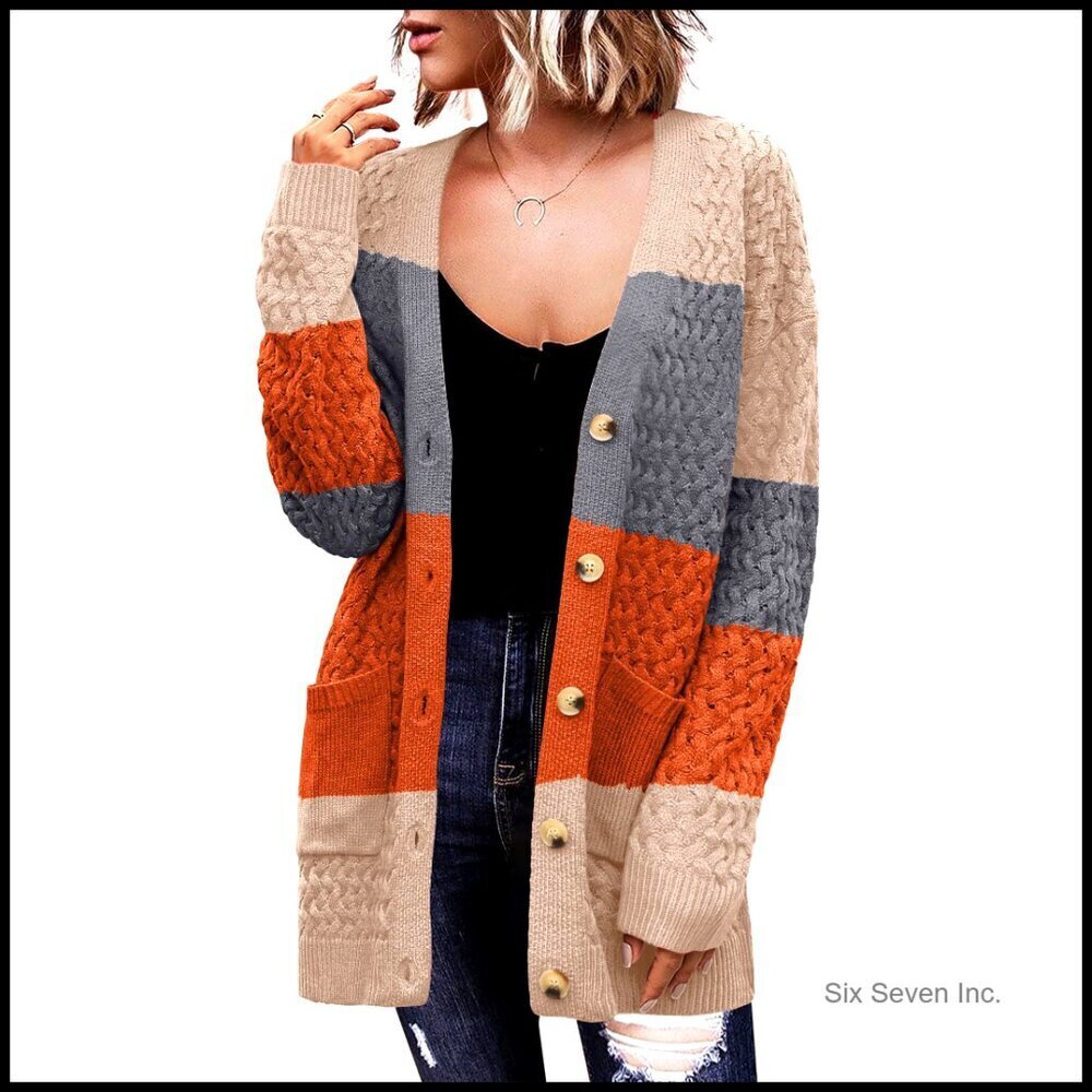 Chunky Cable Knit Cardigan Sweater Long Sleeve Open Front Button Down Pockets